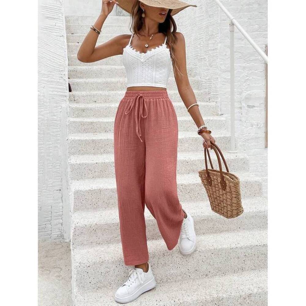 Frenchy Women's Dusty Pink Cotton Long Pants,Old Money Style Wide Leg Pant
